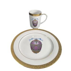 Gold Buffet Royal Gallery Purple Faberge Egg Dessert/Salad Plate & Cup 22k gold